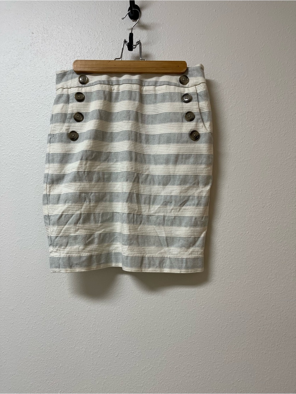 LOFT Striped Button-Front Pencil Skirt in Gray and Cream